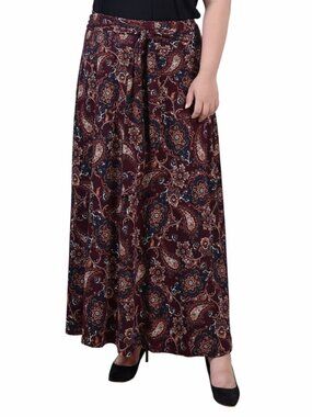 NY Collection Plus Size 2X Brown Paisley Maxi Skirt with Sash Tie NWT
